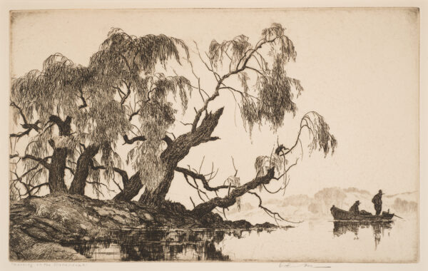 River scene with old willow trees on the bank at the left and two men in a boat at the right.