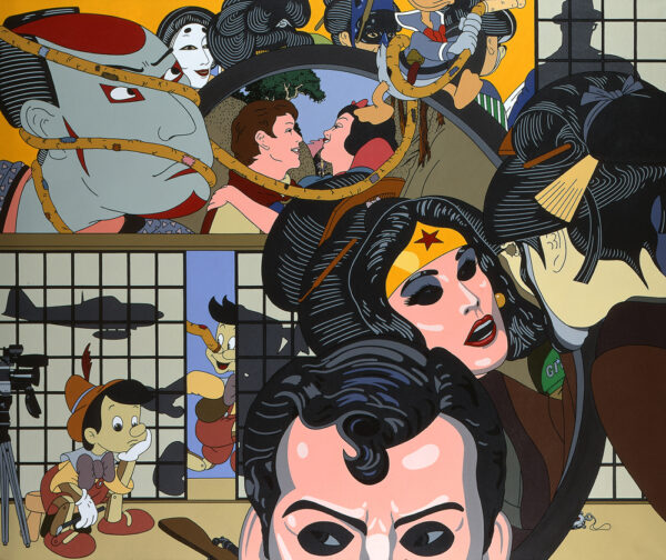 Montage of Kabuki masks, Japanese partition screens and American comic strip characters including Snow White & Prince Charming, Donald Duck, Pinocchio, Batman, Wonder Woman and Superman.