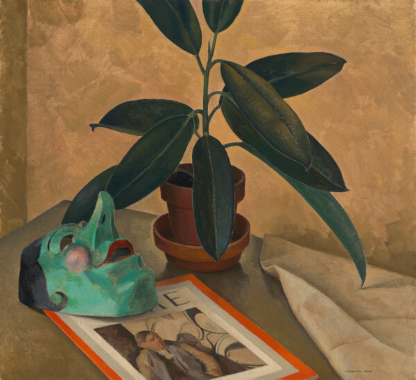 A still life of a table on which rests a mask, a potted plant and a Time magazine with Picasso on the cover.
