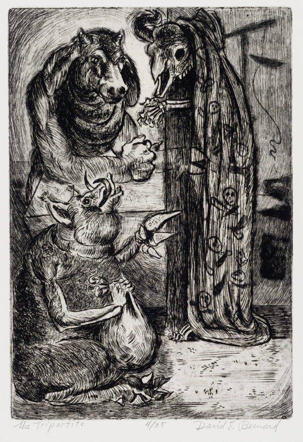 In left foreground, a seated pig holding a bag; behind, two standing animal figures; the figure on the right is a skeletal form wearing a robe with skull & crossbones motif.