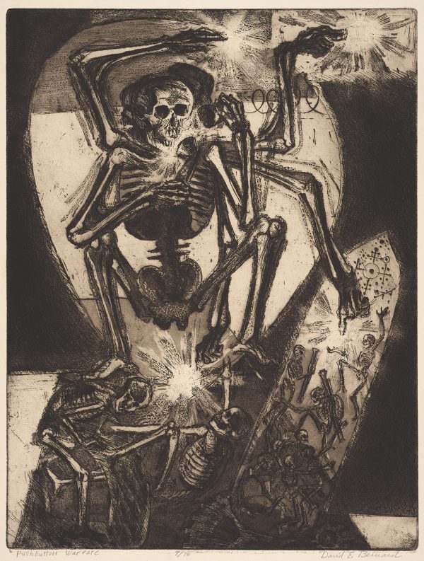 At center of composition, a human skeleton in squatting position with some type of communicating equipment in hands; behind him, two other skeletal forms with arms setting off bursts of light; below, groups of smaller skeletal forms.