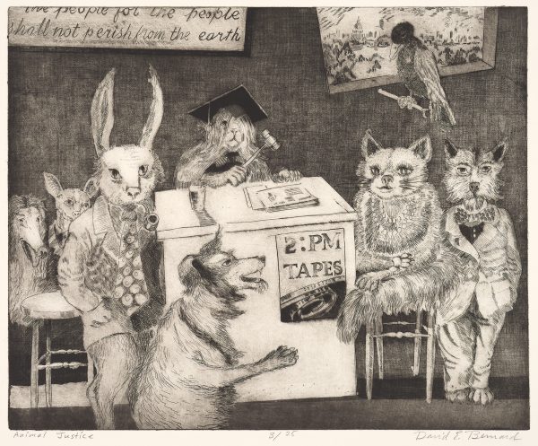 Animals dressed like humans & holding court; at the center, a dog-like figure dressed in a cap & gown, holding a gavel & seated at the bench; at the right, a female cat seated in a chair (witness stand) and, standing next to her, a dog dressed in an English jacket & bow tie; to the left, a rabbit dressed in a suit coat & tie; a dog in the foreground interrogating the witness; at the upper right, a bird perched in front of a window with a view of Capitol Hill.