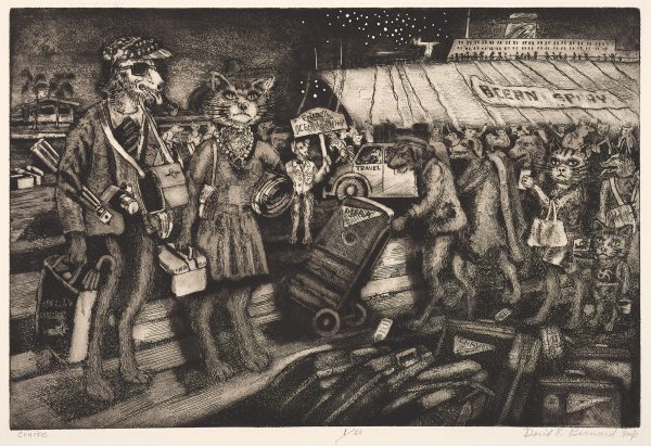 Dock scene with a crowd of cats and dogs dressed as tourists, porters & cruise attendants, with cruise ship called 