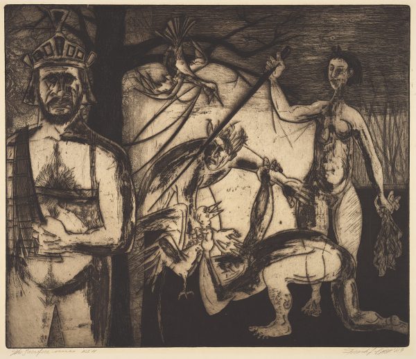 A figural group; in the foreground, at the far left, a nude male figure, frontal view, 3/4 length, wearing a Roman helmet or crown; at the center, a nude male figure, bent over, & clutching a bird by the gullet with one hand and the forearm of another male figure with his other hand; at the far right, a standing nude female figure holding a long spear in her right hand and a cloth in her left hand.