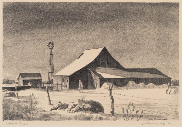 A figure is seen near a barn with a windmill, outbuildings and fence in the foreground.