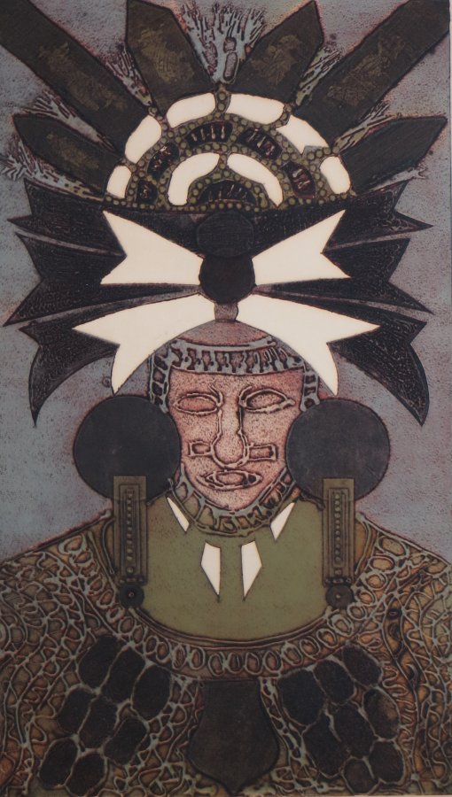 Semi-abstracted rendition of a Toltec warrior, frontal view, head & shoulders, in costume with elaborate headdress.