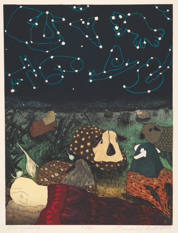 Night scene of a figure in the foreground lying on the ground covered by a blanket with the head resting on a pillow that looks like a cactus. In the middleground a field with sheep covered by blankets and in the distance a black sky filled with various shapes like a guitar, a cowboy hat, etc.
