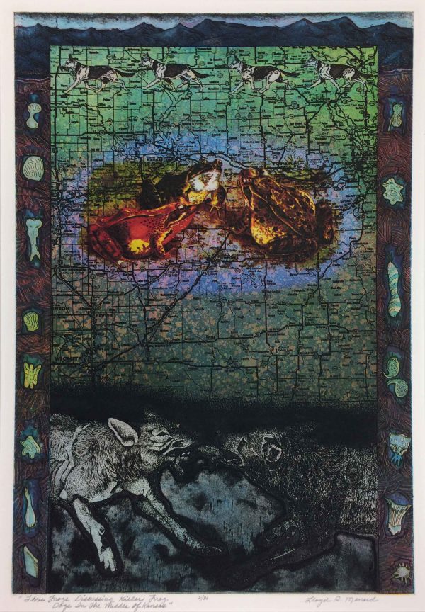 Montage of a map of Kansas. In the center of the composition are three frogs. In the foreground, two dogs fight over the same pery. At the top is a side-view of four german-sheppards. The border is decorated with various sea creatures.