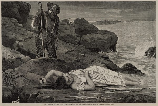 View of a rocky coastline with standing male figure gazing down at an unconscious female figure lying on the beach; shipwreck in the distance.