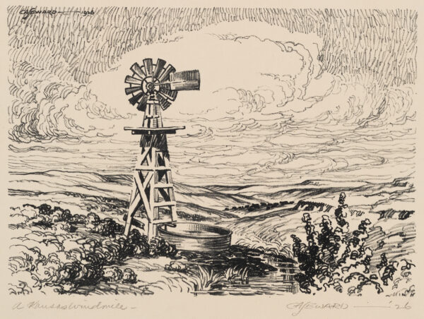 View of windmill with water tank, near stream, in Kansas hill country.