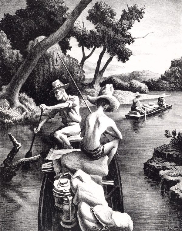 A scene of a float trip down the White River in the Ozarks; in the center foreground, man & boy (T.P. Benton) in a canoe with camping gear; beyond, another couple in a boat on the river; rocky river banks with large cottonwood trees, upper left.