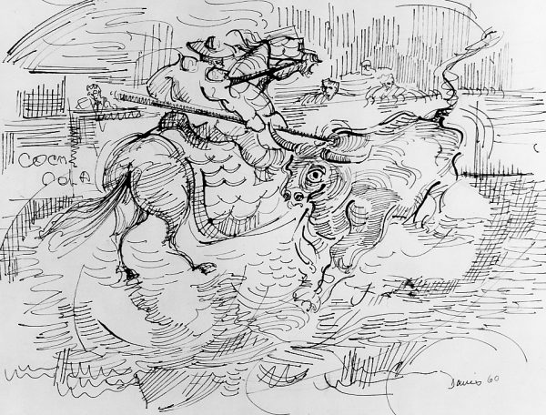 Rendition of a bullfight with man on horseback and attacking bull with a lance.