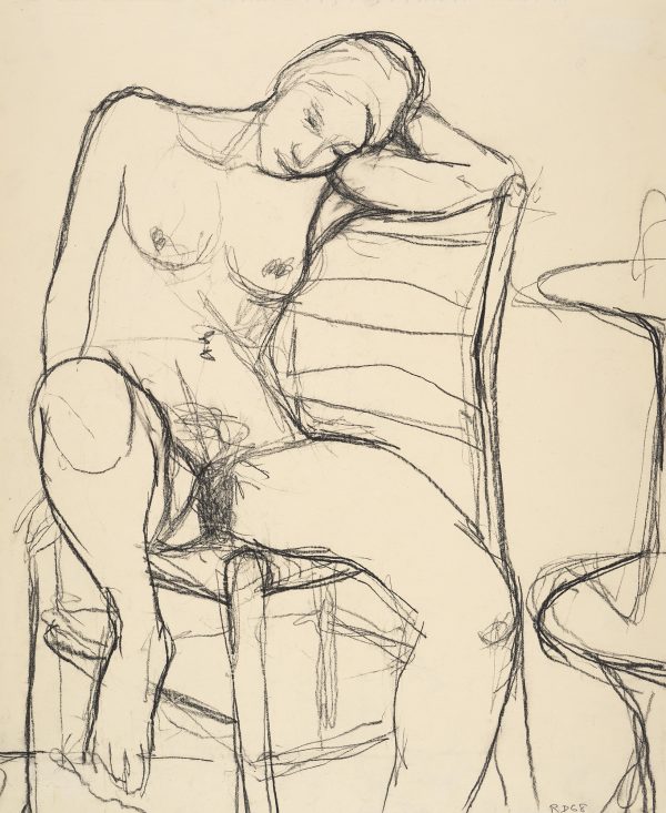 Female nude, frontal view, full length, seated in a chair, with head resting on her proper left arm.