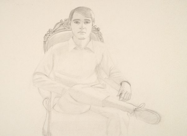 Portrait of a young man, full length figure, frontal view, seated in a chair, with his proper right leg crossed over his proper left knee.