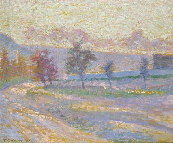 An Impressionistic rendition of a landscape with a road which leads obliquely from the center of the picture and curves sharply into the middle ground; a few apples trees at the center of the composition; hills in the distance.