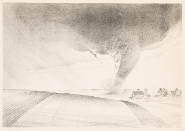 Black and white drawing of a tornado moving along a grassy field near a farm