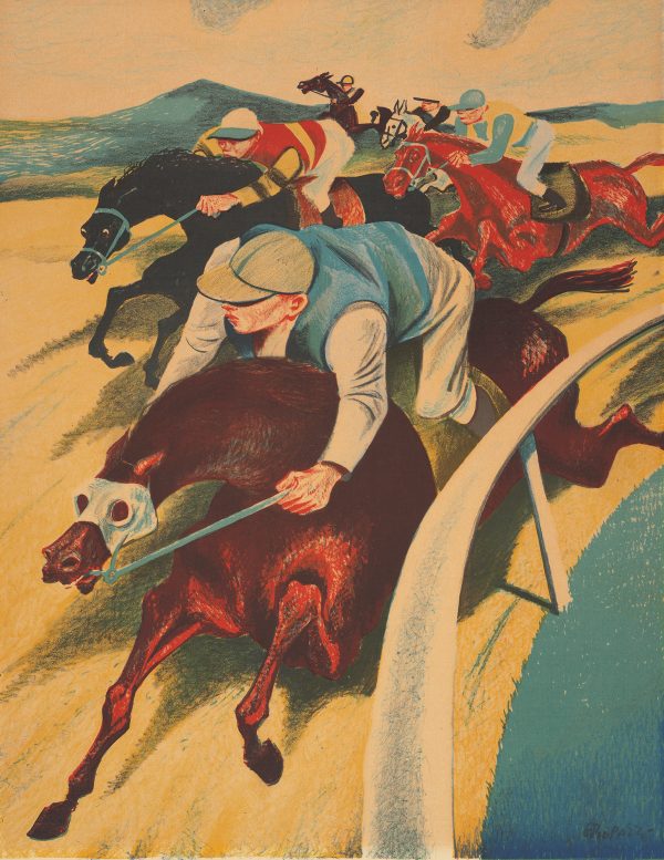 The painting is of five horses, each with a jocky in a race as seen from the inner fence.
