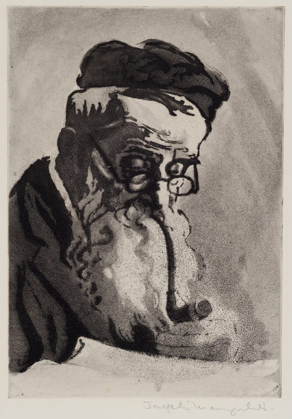 Portrait of a white bearded man with a hat, glasses and a long pipe in his mouth.