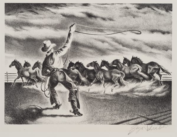 A cowboy swings a lasso at a herd of horses with a stormy sky above.