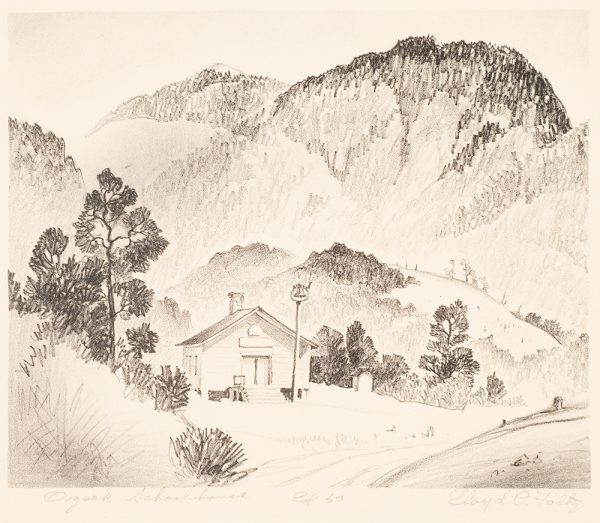 A one-room schoolhouse (with bell on tall pole in front) with road to right and mountains behind.