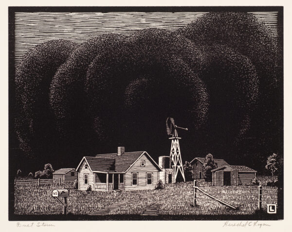 A black cloud of dust looms over a small farm including a house, windmill, outbildings, barbed wire fence and mailbox.