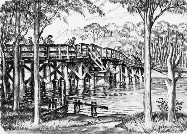 Eight figures are fishing from a bridge and one on a donkey is traveling across. Trees are in the foreground and background.