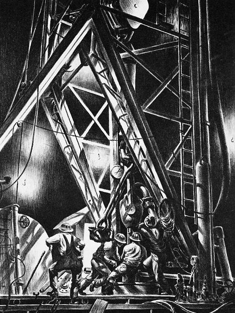 Four men busy working on an oil derrick that drawfs them in size.