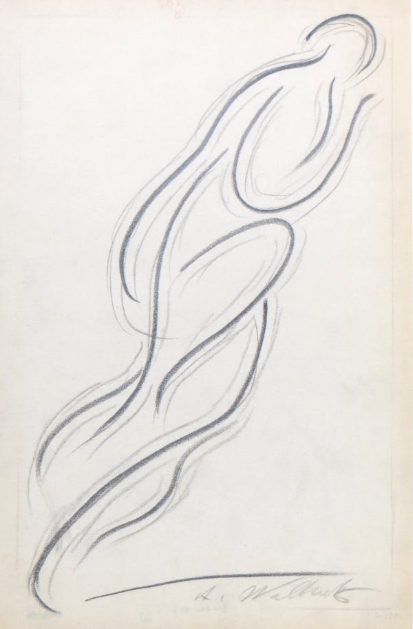 An abstraction of a figure dancing described by by swirls moving from lower left to upper right.