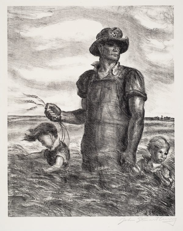 Farmer in overalls standing hip-deep in a wheat field, with two children.
