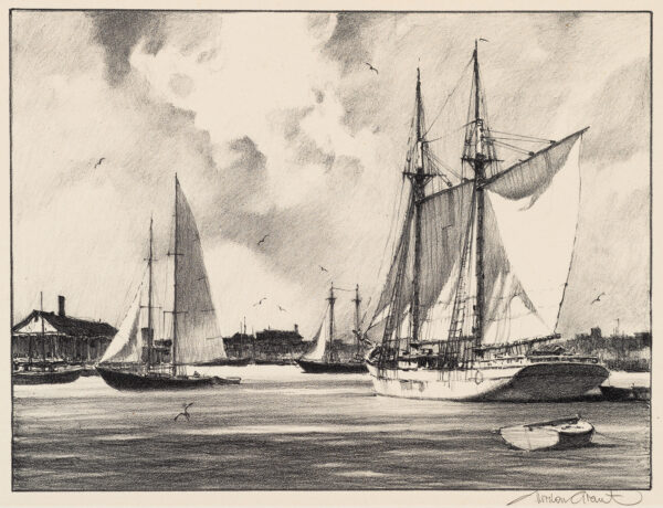 Harbor scene with view of three boats in water; buildings along water's edge beyond.