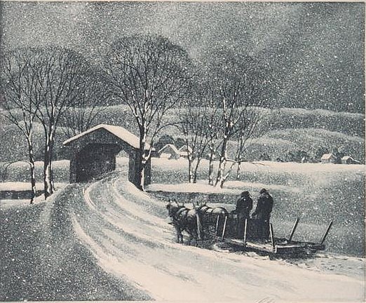 Snow scene at night, with horse-drawn sleigh on road moving toward a covered bridge; trees on either side of bridge; a few small houses against hills in the distance.