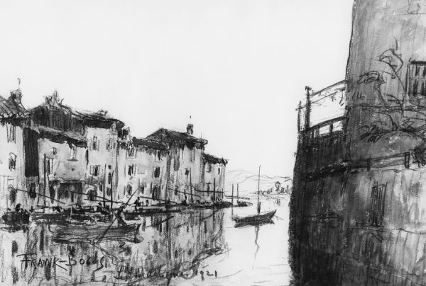 View of a canal with houses along the side to the left, a large fortress-like building to the right, and boats tied up along the banks.