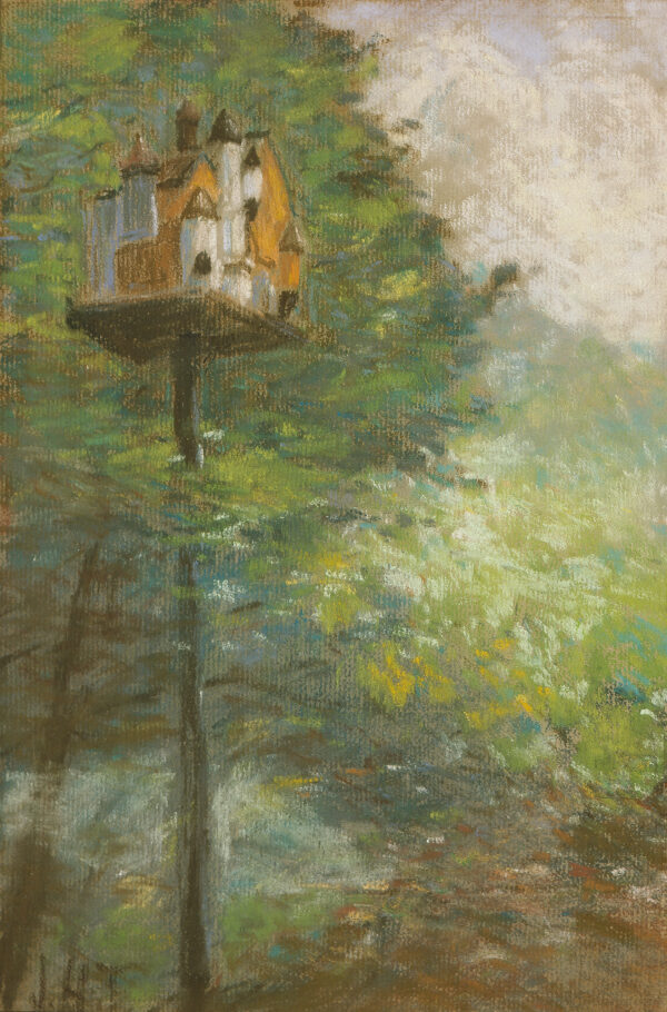 View of a bird house on a post, against foliage, clouds at upper right.
