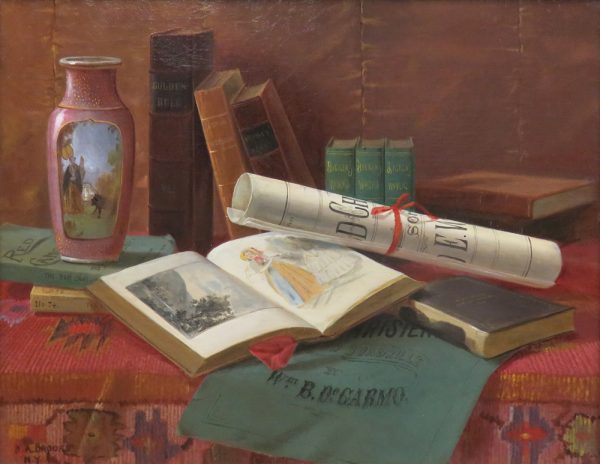 A still life with books, a vase and sheet music, on a red-patterned cloth.