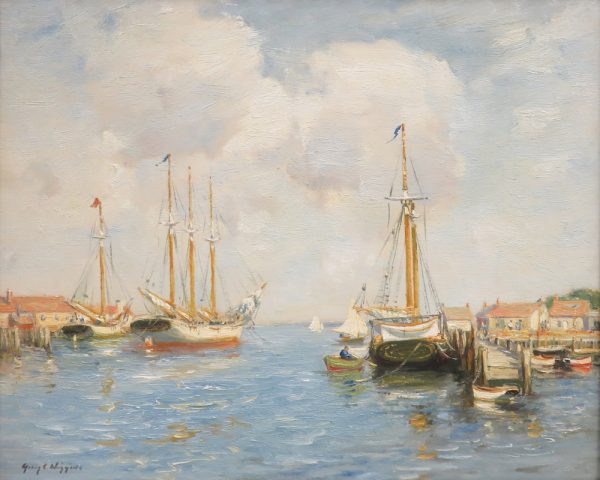 Harbor scene with boats in water.