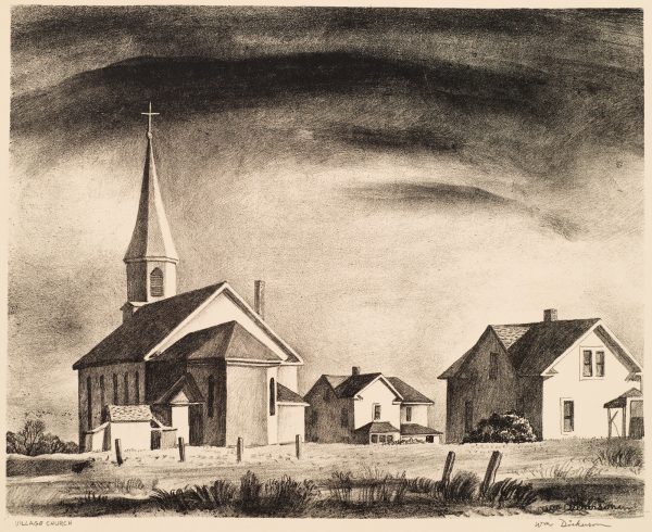 View of a small village church with steeple, two houses at the right; whole against sky.