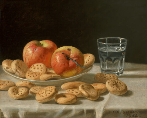 Still life composition with a dish containing two apples & biscuits, some of which have spilled out on the white table cloth; a clear glass of water at the right; whole against a dark brown background.