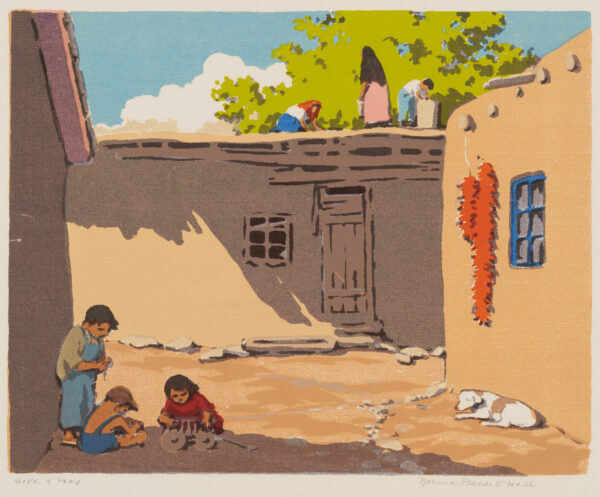 Southwestern village scene with close-up view of the walls of 3 adobe buildings; 3 children playing in the shadow cast by an adobe building, lower left; 3 people on a rooftop of another adobe building, top center; and adobe wall at right with drying red chili peppers, blue window & dog lying on ground below.
