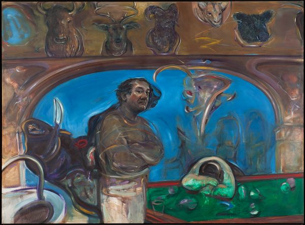 A bar scene of a large art nouveau-style mirror located behind the bar and a row of animal trophy heads mounted above the mirror. The figures reflected in the mirror are sketchy and the atmosphere murky.