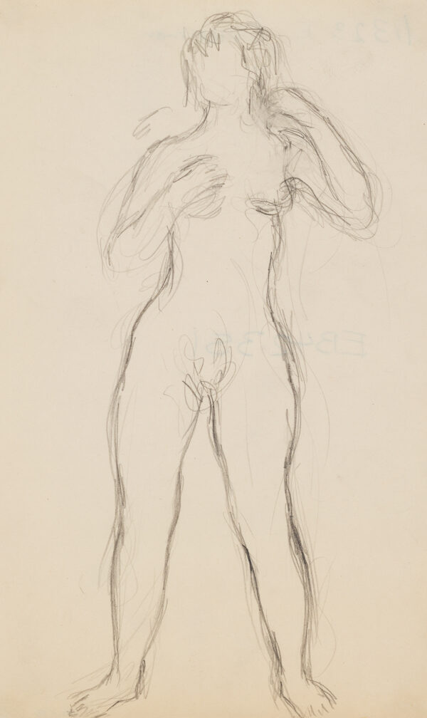 Standing female nude, full-length, with arms raised.