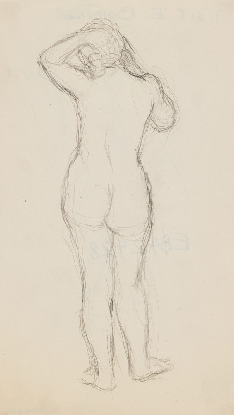Standing female nude, full-length, back view, with raised proper left arm.