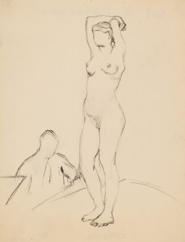 Standing female nude, full-length, front view, turned slightly to the left, with arms raised, man at lower left.