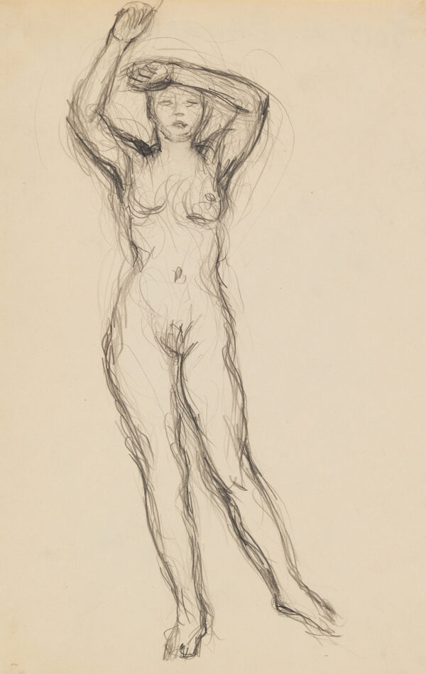 Standing female nude, full length, front view, weight on proper left leg, arms raised above head.