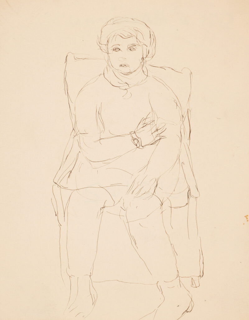 Seated figure, full-length, with proper right hand over chest.