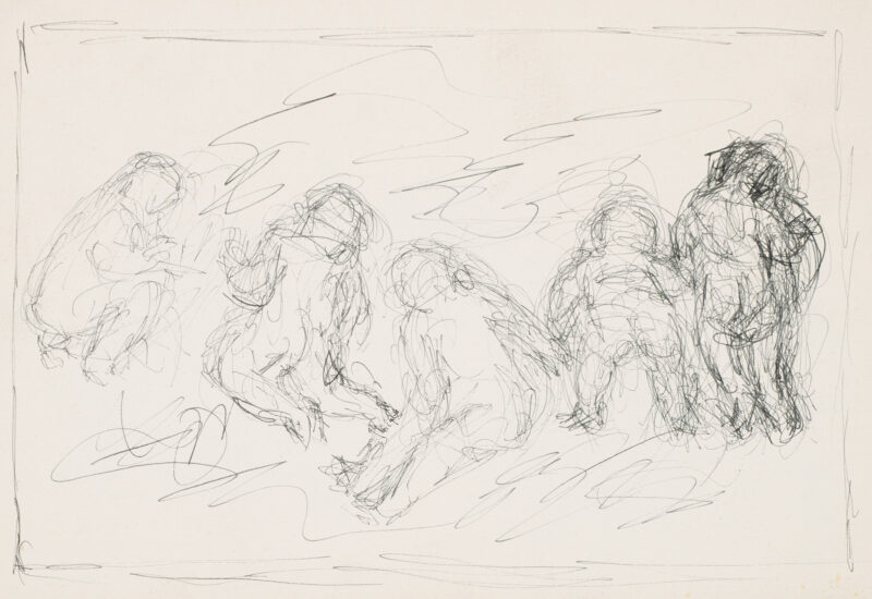 Group of five nude figures, full-length, seated, squatting, kneeling & standing.