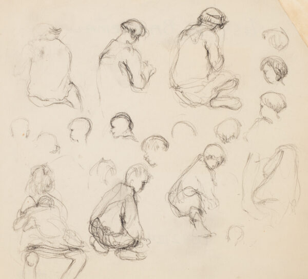 Mother and child, multiple views including back views of a seated woman, seated children, and several sketches of a child's head.
