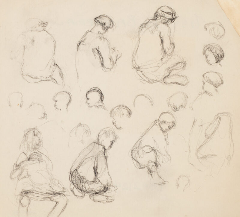 Mother and child, multiple views including back views of a seated woman, seated children, and several sketches of a child's head.