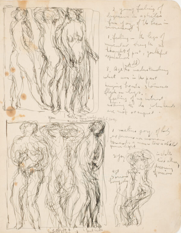 Two composition groups of standing female nudes, with artist's notes.