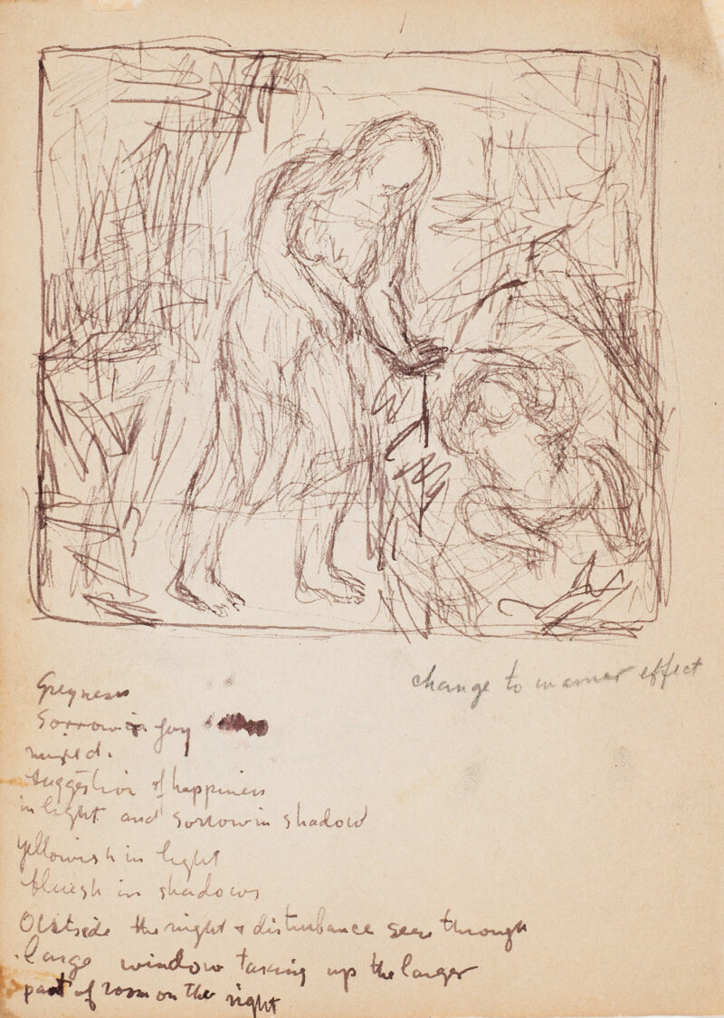 Composition of woman with child in crib; artist's notes below.