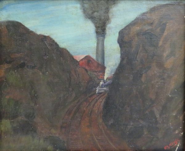 A train passes through two mountains.